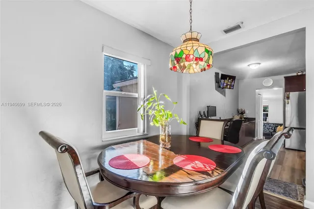 a view of a dining room with furniture