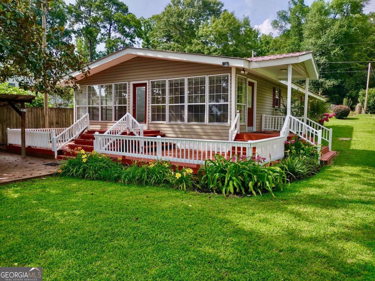 a garden view with a seating space
