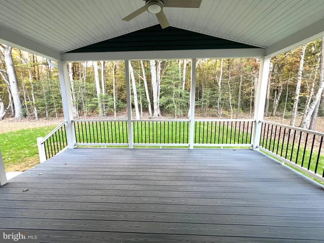 a view of a house with a small deck and a large tree
