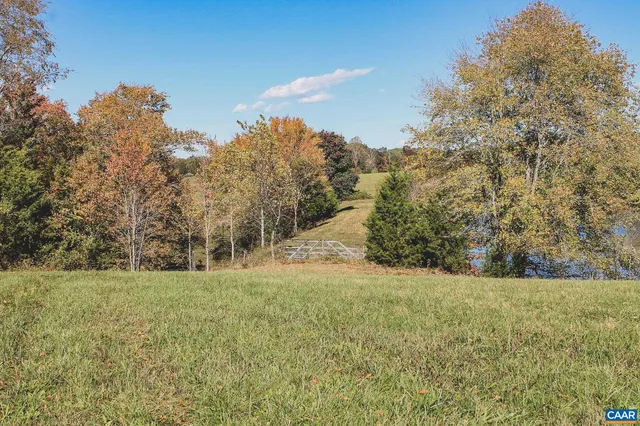 a view of a field with trees in the background