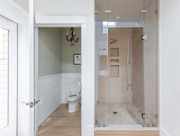a bathroom with a shower and a toilet