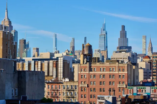 a city view with tall buildings