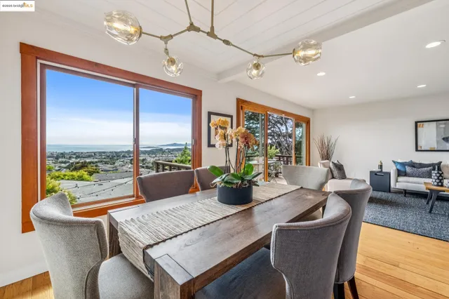 a view of a dining room with furniture window and wooden floor