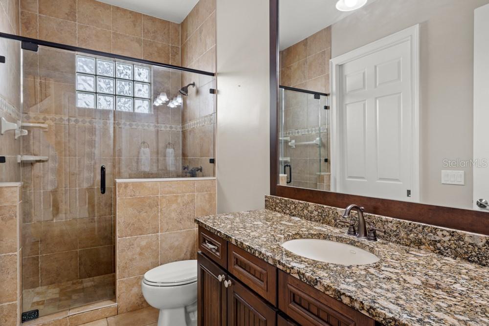 7423 Excitement Drive Reunion, FL 34747 - Photo 20 of 99 a bathroom with a granite countertop sink a toilet a mirror and shower