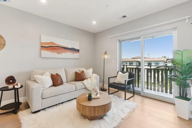 a living room with furniture a lamp and a potted plant