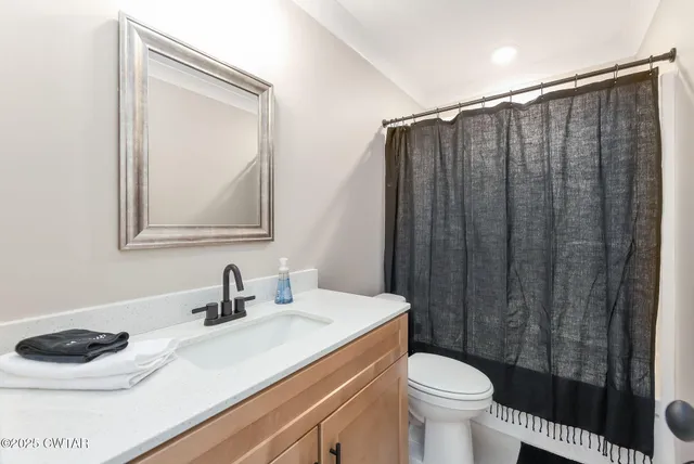 a bathroom with a sink a toilet and shower curtain