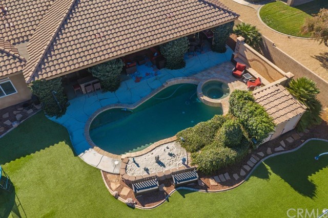 an aerial view of a backyard