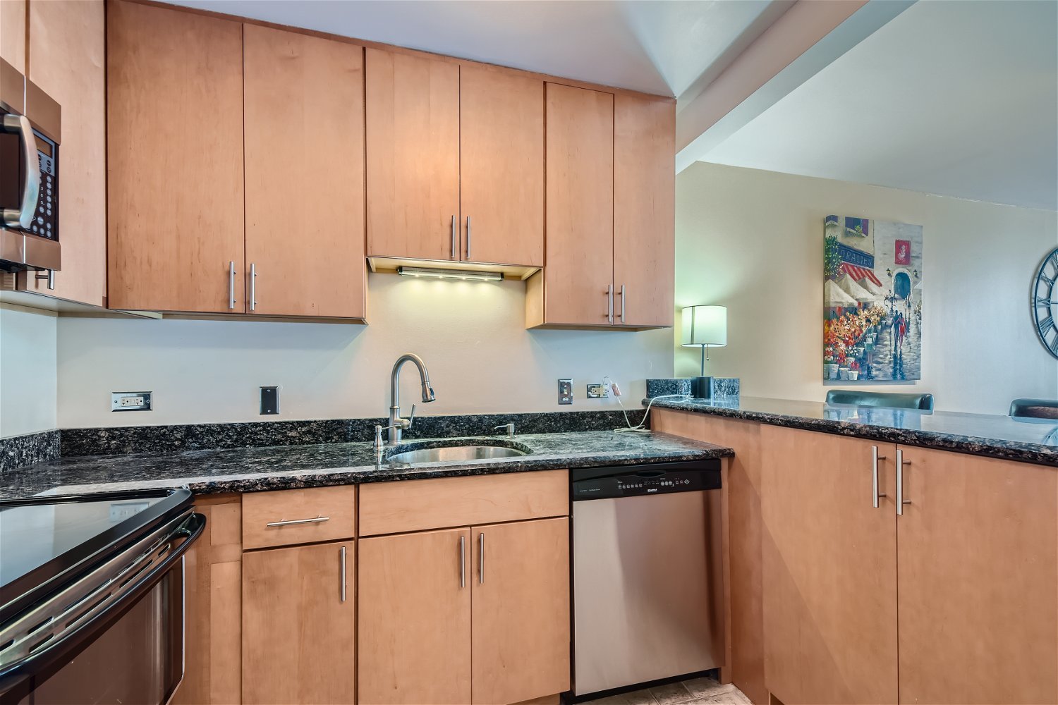 1212 North LaSalle Drive, Unit 1603 Chicago, IL 60610 - Photo 5 of 14 a kitchen with granite countertop stainless steel appliances white cabinets sink and a granite counter top