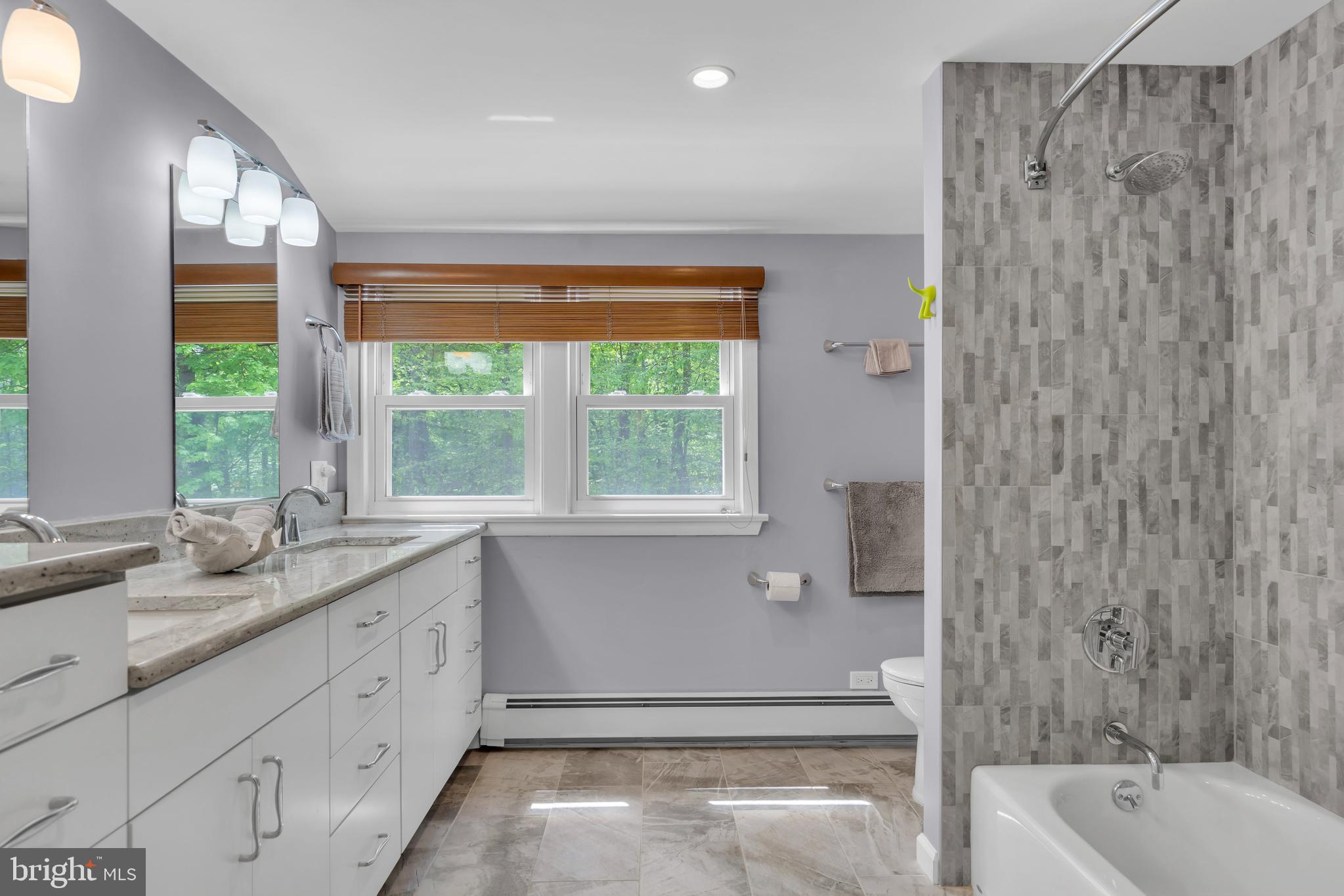 801 Mt Lucas Road Princeton, NJ 08540 - Photo 25 of 39 a bathroom with a granite countertop sink and a bathtub with shower