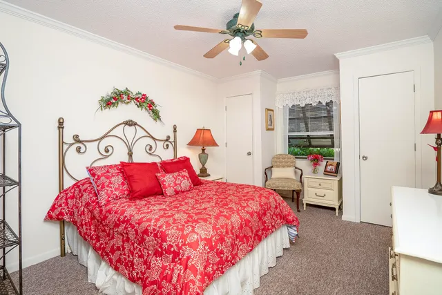 a bedroom with a bed and a chandelier