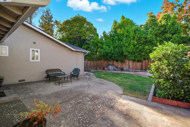 a view of backyard with a table and chairs and a large tree