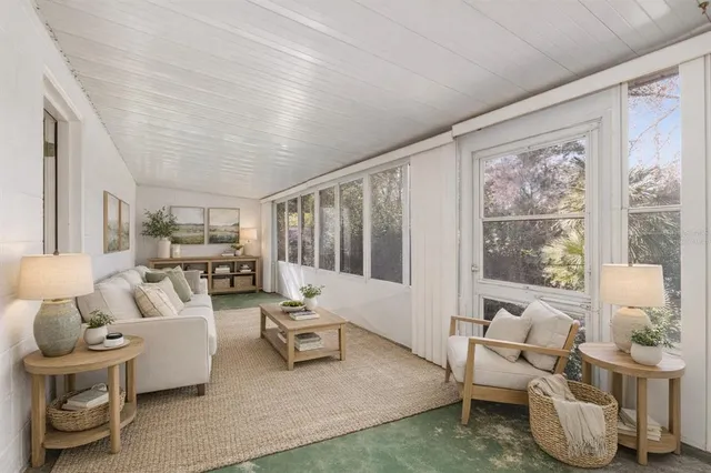 a view of a backyard with large trees