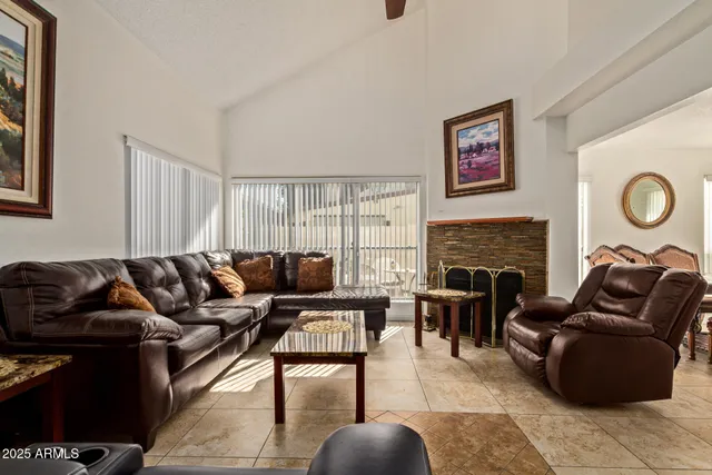 a living room with furniture or couch and a fireplace