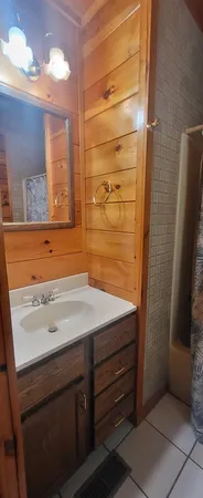 a bathroom with a sink and a mirror