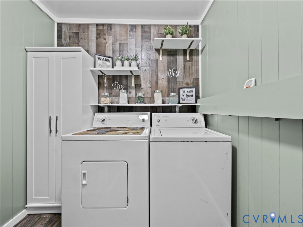 26315 Hill Road Ruther Glen, VA 22546 - Photo 32 of 47 Washroom with wooden walls, washing machine and dr