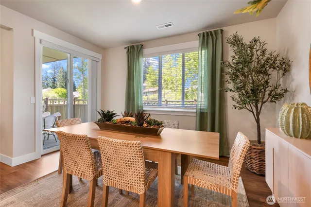 a view of a dining room with furniture window and wooden floor
