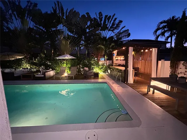swimming pool view with a garden space