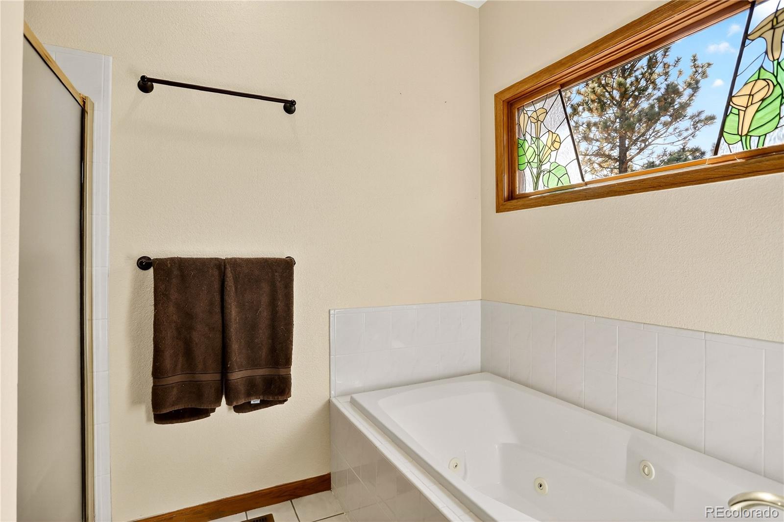 9758 Fallen Rock Road Conifer, CO 80433 - Photo 17 of 42 a bathroom with a tub and a window