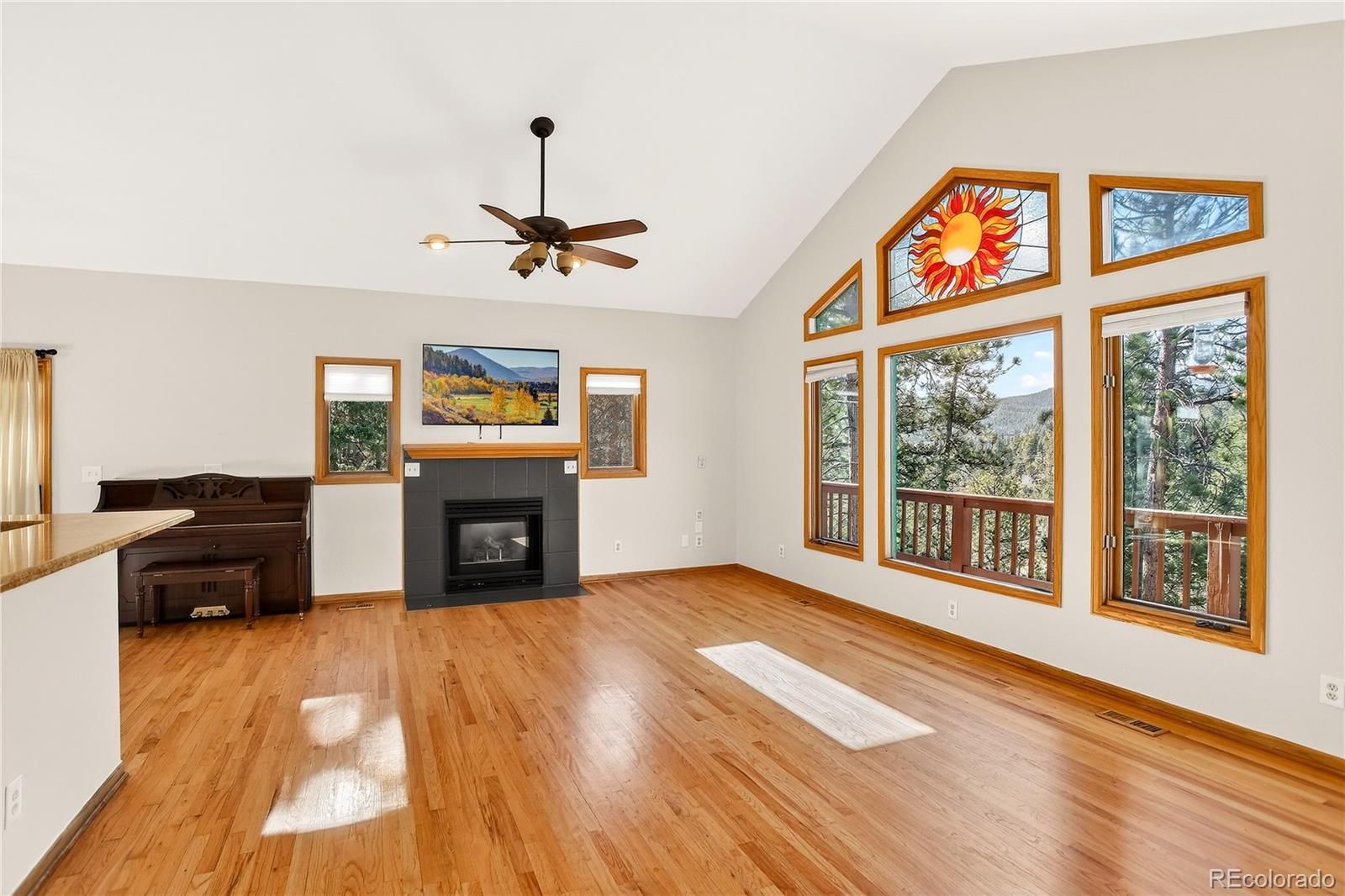 9758 Fallen Rock Road Conifer, CO 80433 - Photo 6 of 42 a view of an empty room with a window and fireplace