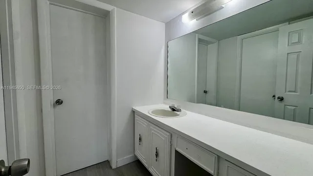 a bathroom with a sink and a large mirror