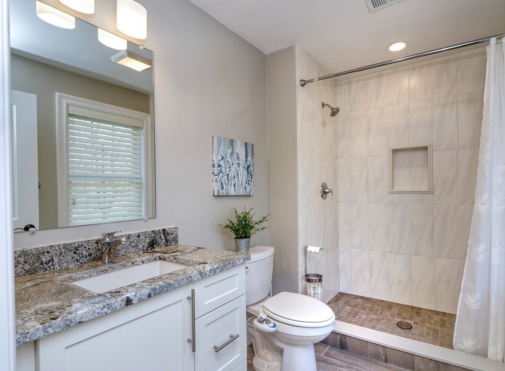 52 Thorpe Road Needham, MA 02494 - Photo 17 of 39 a bathroom with a granite countertop sink toilet and shower