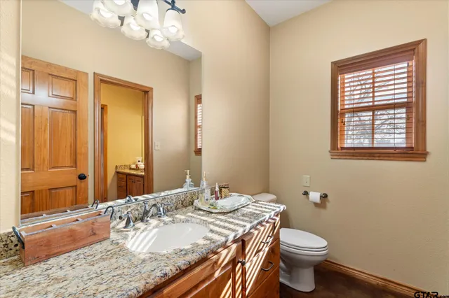a bathroom with a granite countertop sink a toilet and shower