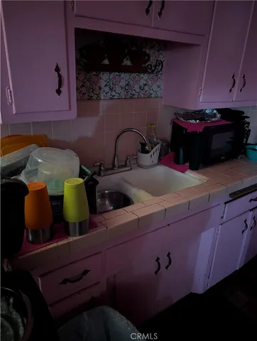 a kitchen with a cabinets and potted plant