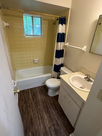 a bathroom with a sink a toilet a shower curtain and a bath tub