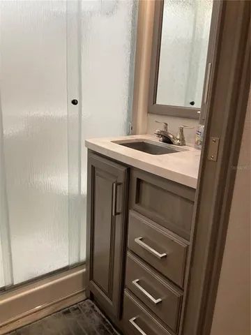 a bathroom with a sink and a mirror
