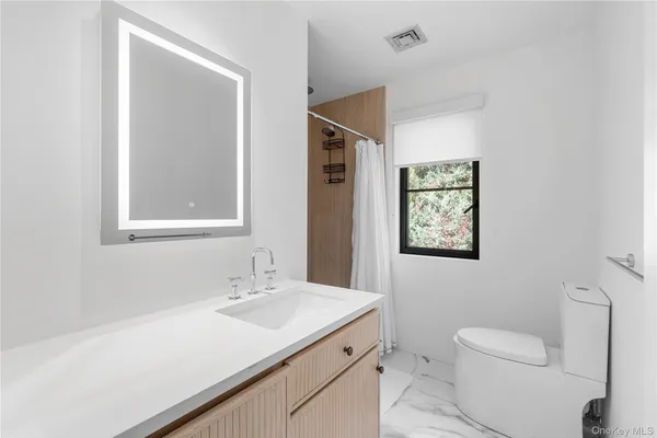 a bathroom with a sink a toilet and mirror