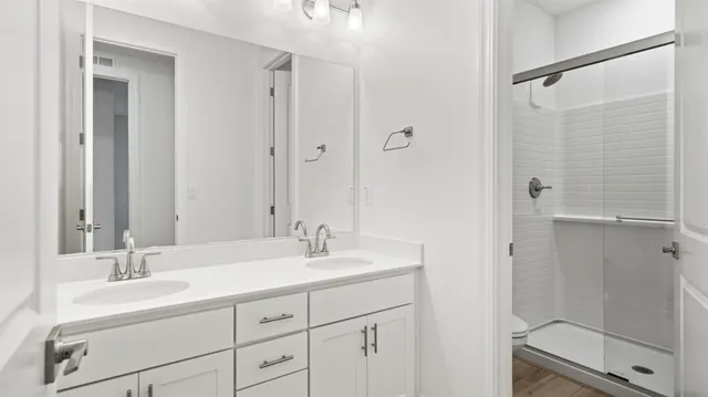 a bathroom with a double vanity sink mirror and shower