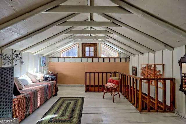 a view of a garden with plants and trees