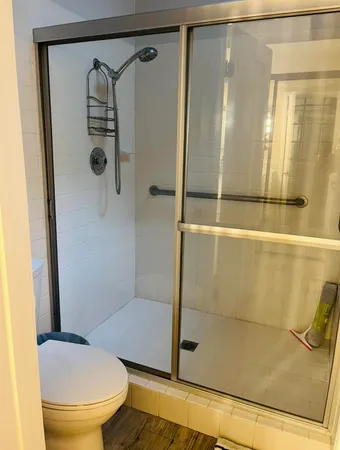 a bathroom with a shower and a toilet