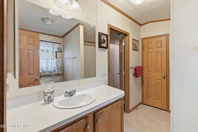 a bathroom with a granite countertop sink a mirror and a shower