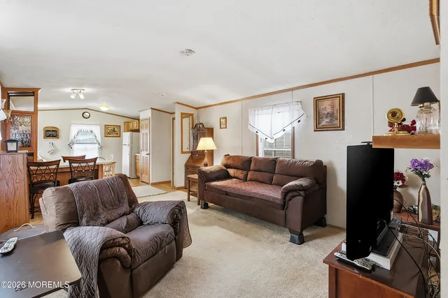 a living room with furniture a couch and a bookshelf with wooden floor