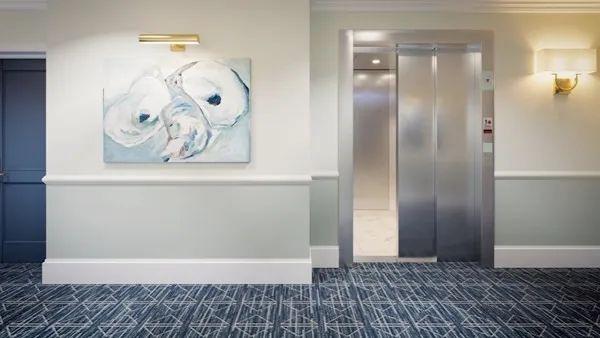 a view of a building with a couch