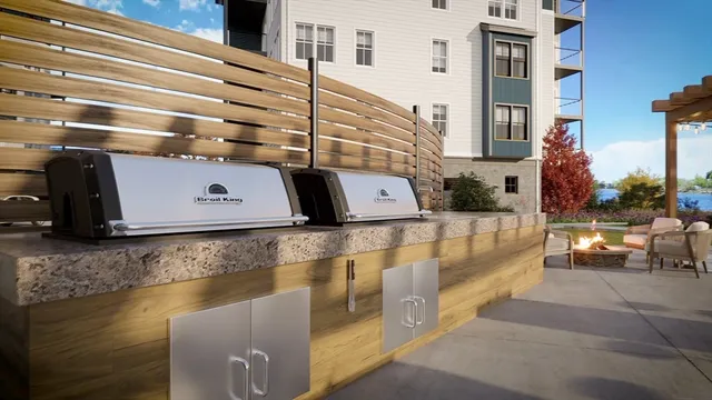 a view of a swimming pool with an outdoor seating