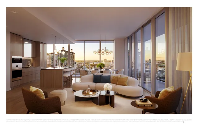 a living room with furniture and floor to ceiling windows