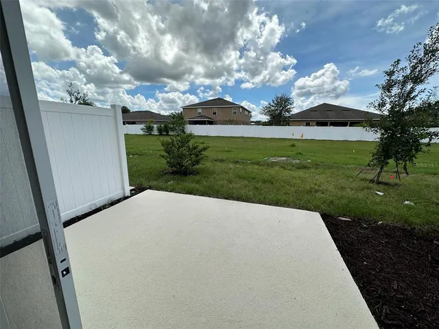 a view of a big yard with potted plants and large tree