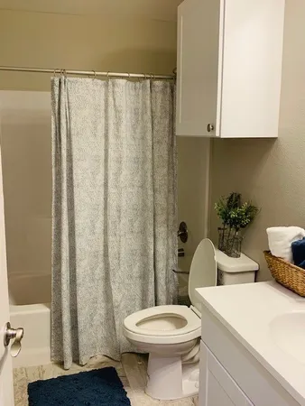 a bathroom with a sink a toilet and shower curtain