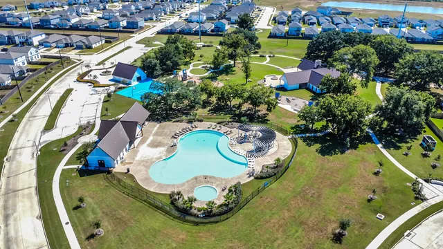 an aerial view of a swimming pool