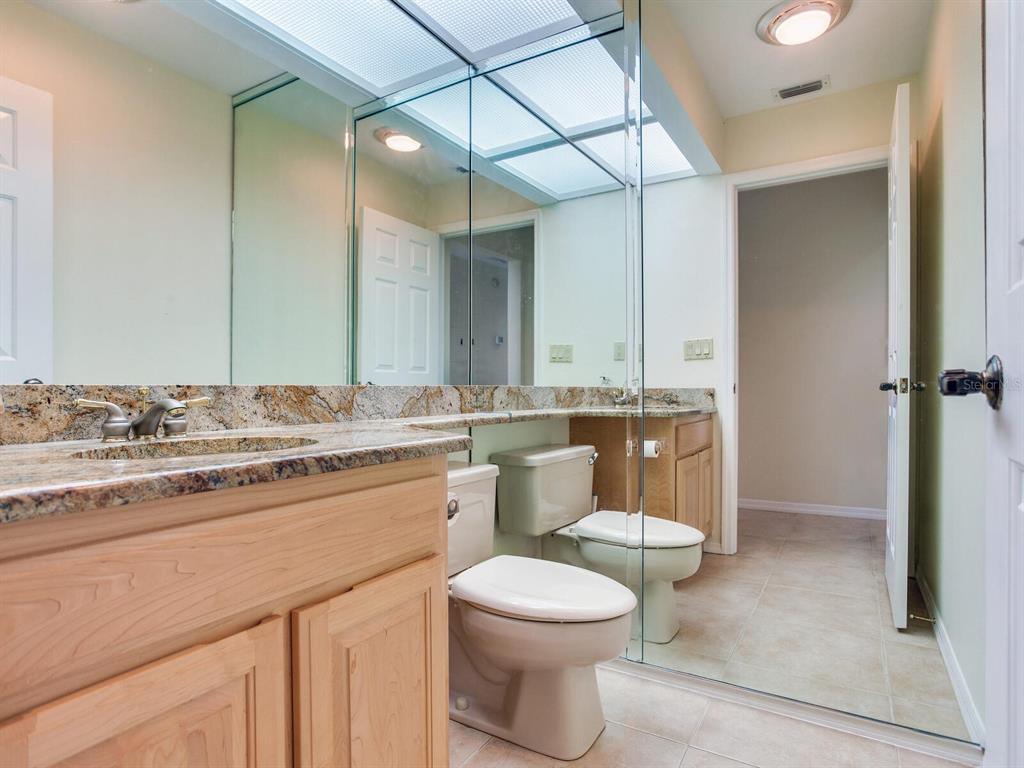 18120 Wayne Road Odessa, FL 33556 - Photo 44 of 100 a bathroom with a granite countertop sink a toilet a mirror and shower