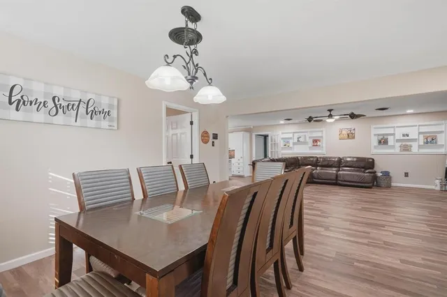 a view of a dining room with furniture