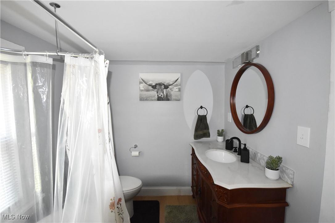 808 West Riddle Avenue Ravenna, OH 44266 - Photo 15 of 28 Bathroom with toilet, vanity, and hardwood / wood-style floors