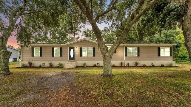 a view of a house with a yard and large tree