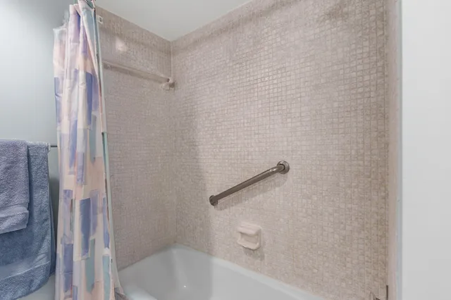 a bathroom with a bathtub and a shower