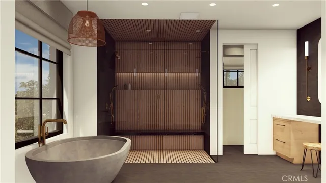 a bathroom with a tub and shower