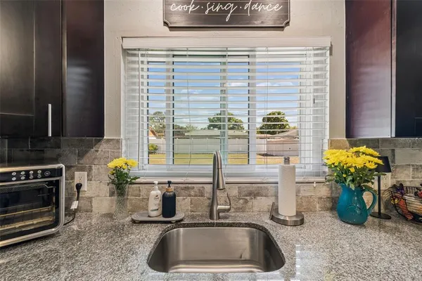a kitchen with a sink a counter and a potted plant