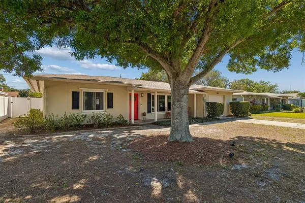 a view of a house with a tree in front of it