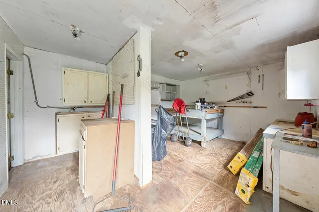 a storage room with cabinets